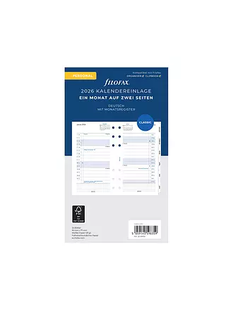 FILOFAX | Inserto per calendario mensile tedesco Personal 2026 | 